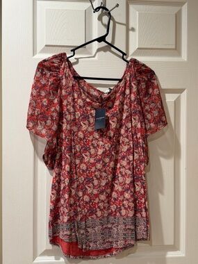Lucky Brand Red Floral Short Sleeve Blouse